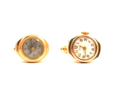 Antares - a pair of French yellow metal novelty watch / compass cufflinks, French eagle hallmark to each case indicating 18 c