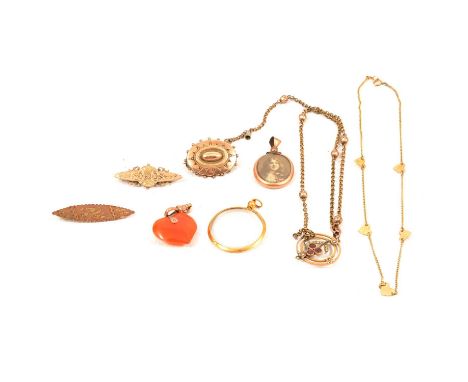 Two gold brooches, gold-plated brooch, yellow metal necklace and other yellow metal items, two 9 carat yellow gold brooches, 