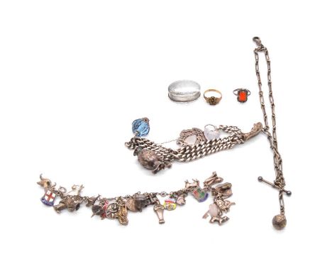 Two charm bracelets, an Albertine watch chain, rings and patch box, a fancy link charm bracelet with twenty-four silver and w