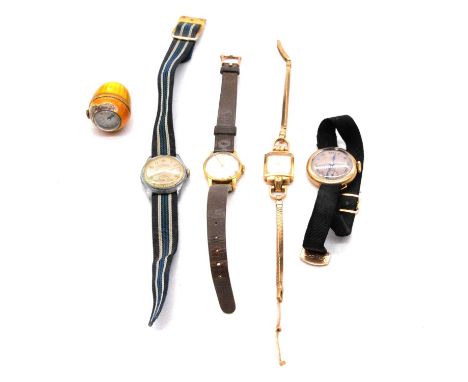 Three ladies' yellow metal wristwatches, a vintage wristwatch, and a watch pendant, Omega - a lady's yellow metal wristwatch,