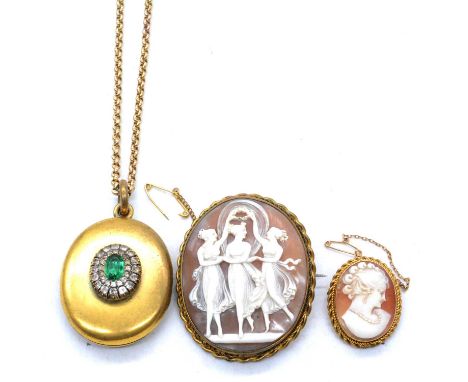 Two cameo brooches, an oval carved shell cameo of the Three Graces, 50x40mm, gilt metal rope edge mount; a smaller cameo 25x1