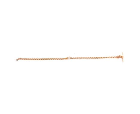 A 15 carat rose gold double Albert watch chain, 5.4mm gauge open curb links, fitted with a T bar and swivel fastener, each li