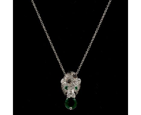 Effy - a Signature Collection Panther design diamond, black diamond and emerald pendant and chain, the panther set with brill