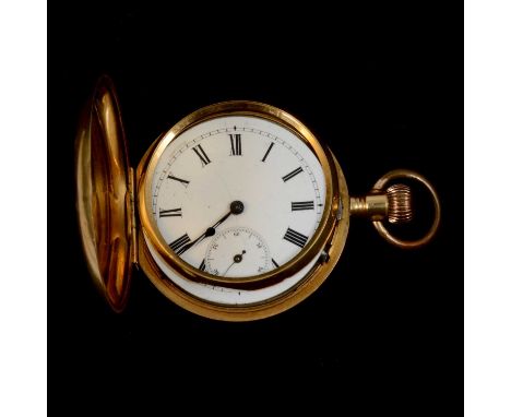 A yellow metal full hunter pocket watch, white enamel dial with roman numeral chapter ring and subsidiary seconds dial in yel