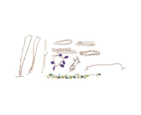 Modern silver Albert watch chain necklaces, bracelets, and wristwatch, two modern silver Albert watch chain necklaces, both f