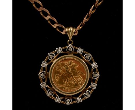 A Gold Half Sovereign Coin pendant, Elizabeth II 1982, set in a 9 carat yellow gold claw back mount, 30mm diameter with eight