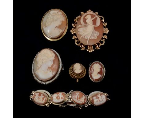 Five carved shell cameo brooches / pendants and a cameo panel bracelet, a carved shell cameo brooch, dancing female facing ri