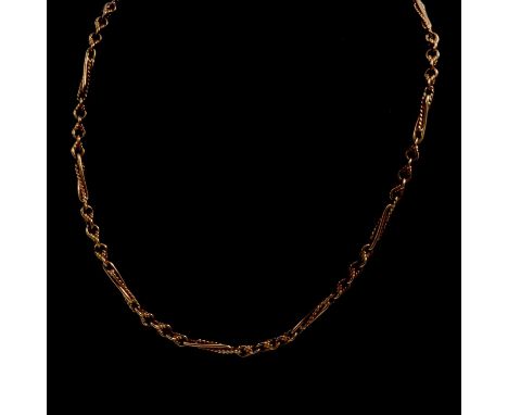 A 9 carat yellow gold 4mm gauge fancy chain link necklace, alternating groups of three twisted links and 15mm long double pla