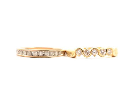 Two diamond set rings, a diamond five stone ring, the five brilliant cut stones claw and channel set in an 18 carat yellow go