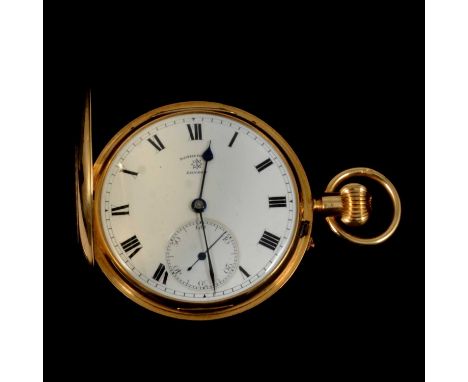 Rotherhams - an 18 carat yellow gold full hunter pocket watch, the white enamel dial with roman numeral chapter ring, subsidi