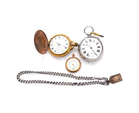 A yellow metal fob watch, gold-plated pocket watch, silver pocket watch, and Albert watch chain, a yellow metal fob watch, th