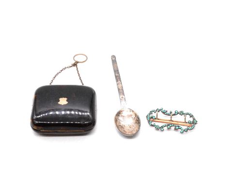 A vintage tortoiseshell dance purse, turquoise buckle, and silver Christening spoon, a vintage tortoiseshell dance purse, vac