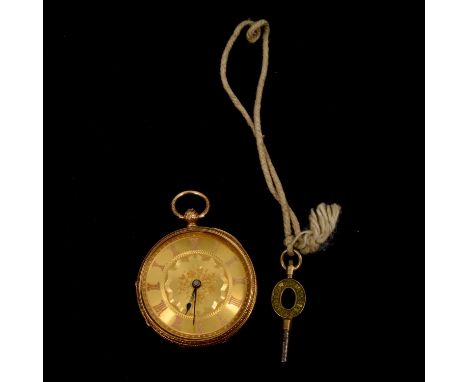 An 18 carat yellow gold open face pocket watch, the gold-coloured dial with roman numeral chapter ring and engraved central f