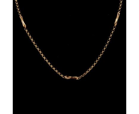 A 9 carat yellow gold 3.3mm gauge belcher link chain, with five twisted double bar dividers, 50cm long, Birmingham 1994, 13.7