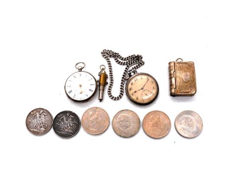 Two silver open face pocket watches, silver Albert, metal vesta/stamp case, Victorian and other crowns, two silver open face 