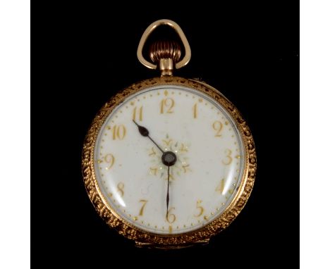 A yellow metal open face fob watch, the cream enamel dial with Arabic numeral chapter ring and floral central motif in a yell