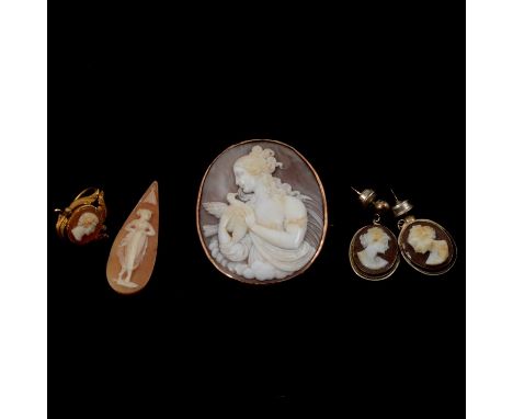 A carved shell cameo brooch / pendant, pair of earrings, single earring and loose cameo, a carved shell cameo brooch / pendan