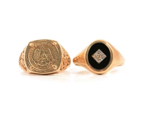 A 9 carat gold diamond and onyx signet ring and a 9 carat gold Mexican coin ring, a 9 carat yellow gold diamond and onyx sign