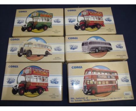 Six boxed Corgi transport vehicles including 97208 Guy-Arab Bus Yorkshire, Thornycroft Bus General, AEC Regal Eastern Countie