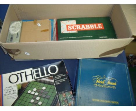 Box containing a quantity of various vintage games including Chess, Dominos, Othello, Trivial Pursuits etc 