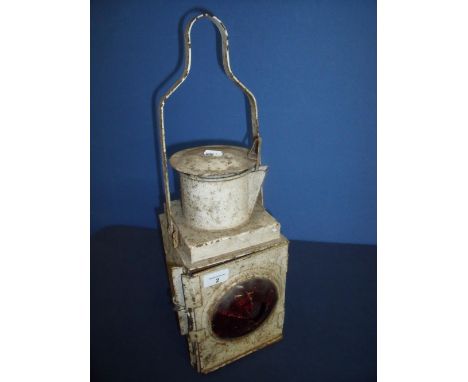 Stamped (W) white railway lamp with red bullseye lens (A/F) 