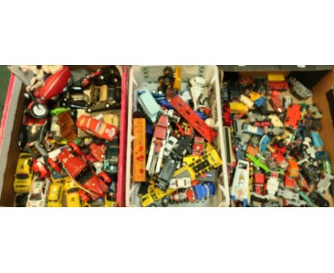 Large selection of various die-cast and other vehicles in three boxes including Scalextric, Budgie, Matchbox, Corgi, etc 