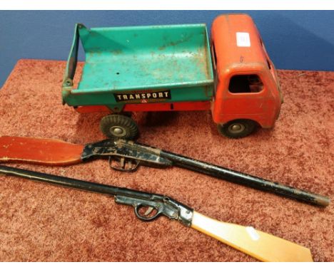 Tri-ang transport tin-plate dumper truck and two vintage pop guns (3) 