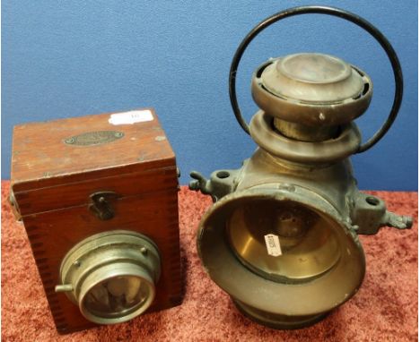 Mahogany cased C.A.V handheld box torch with plaque for C.A.Vandervell &amp; Co Ltd, and a Lucas No.7 22 King of the Road lam