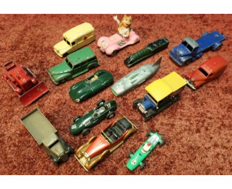 Selection of various vintage Dinky and other die-cast vehicles in one box including Leyland Comets flatbed trucks, racing car