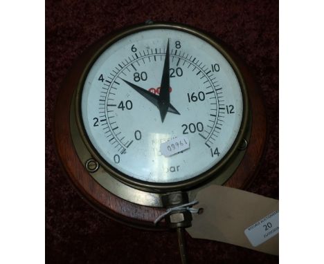 Clock made from a steam engine pressure gauge mounted on wooden plaque, with battery movement 