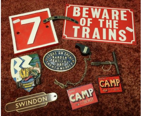 Selection of various cast metal, tin and other railway signs and plaques including some reproduction, a vintage railway door 