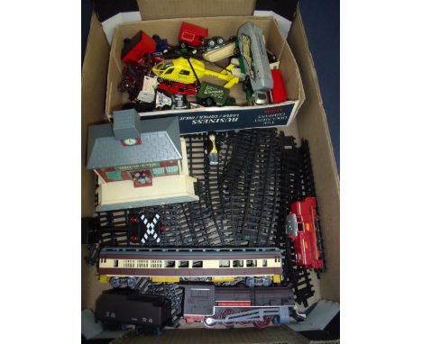 Quantity of model railway including Wellsworth Station, and a selection of diecast vehicles including Royal Mail vans, Hotwhe