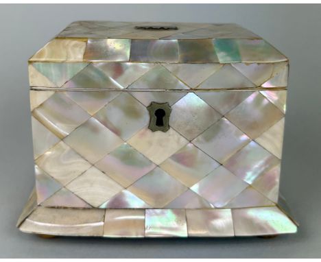 A 19TH CENTURY MOTHER OF PEARL TEA CADDY WITH SILVER ESCUTCHEON, 15cm x 11cm Ivory license: RPG7ML5H
