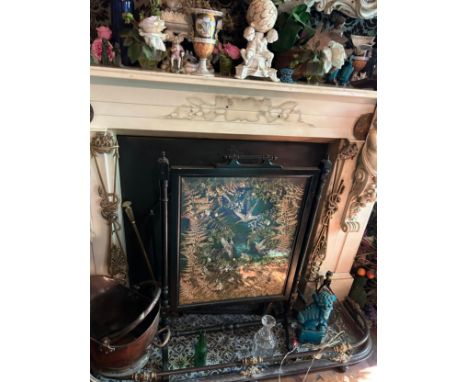 A LATE 19TH CENTURY AESTHETIC PERIOD EBONISED FIRE SCREEN WITH PRESSED TAXIDERMY BIRDS AND FLOWERS,100cm x 64cm