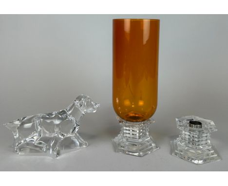 BACCARAT CRYSTAL TO INCLUDE: A DOG, TWO STORM LANTERN BASES (ONE WITH ORANGE GLASS), Dog 18cm x 11cm Storm lantern with shade