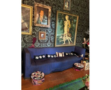 A LARGE COUNTRY HOUSE STYLE SOFA WITH BLUE FOLIATE COVER, 260cm x 85cm x 70cm
