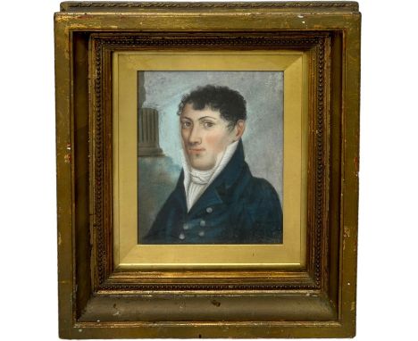 NAIVE SCHOOL, PROBABLY REGENCY PERIOD: A PASTEL PORTRAIT OF A GENTLEMAN WEARING BLUE COAT WITH WHITE COLLAR SHIRT, Part of a 