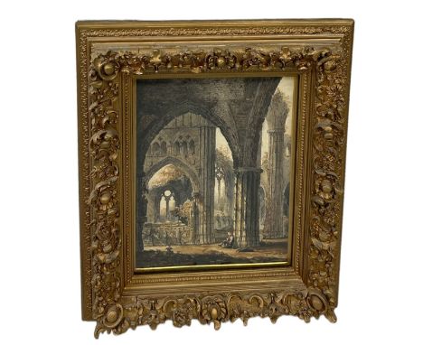 AN ARCHITECTURAL WATERCOLOUR PAINTING ON PAPER DEPICTING A TOMB WITHIN A RUINED CATHEDRAL, WITH A SEATED MAN AND A SHOVEL, 42
