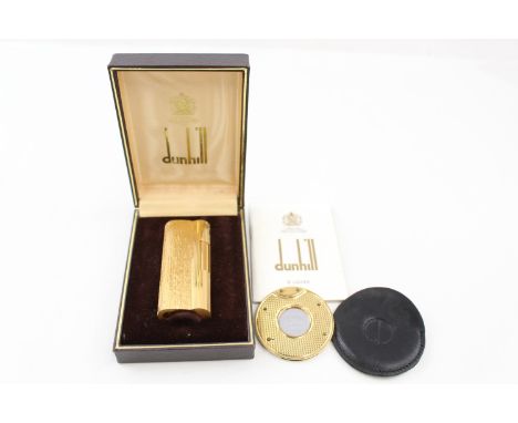 A GOLD PLATED DUNHILL 'S' LIGHTER IN CASE WITH DUNHILL CIGAR CUTTER,