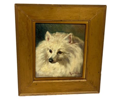 ROSA BEBB (1857-1938): AN OIL PAINTING ON BOARD DEPICTING A FINE PORTRAIT OF A WHITE POMERANIAN DOG, 20cm x 18cm Mounted in a