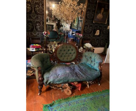 A VICTORIAN MAHOGANY SOFA UPHOLSTERED IN CASA PUPO FABRIC, 180cm x 100cm x 90cm