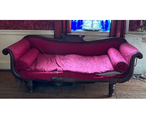 A REGENCY MAHOGANY SOFA UPHOLSTERED IN DISTRESSED RED FLORAL FABRIC WITH TWO CUSHIONS, 200cm x 80cm x 60cm