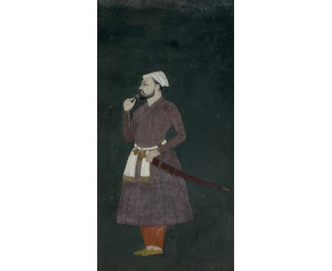 MUGHAL SCHOOL: GOUACHE 'PORTRAIT OF MUHAMMAD BAIRAM KHAN (1501-1561)', 16.5cm x 8.5cm.Mounted in a frame and glazed. 30cm x 2