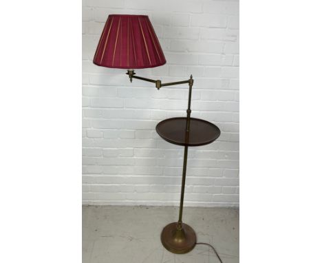 A LIBRARY BRASS STANDARD LAMP WITH TABLE AND SHADE,Height including shade 138cm