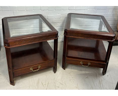 CHINESE CHIPPENDALE DESIGN: A PAIR OF REPRODUCTION MAHOGANY BEDSIDE TABLES WITH GLASS INSERT TOPS,67cm x 56cm x 56cm