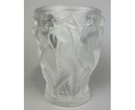 A MODERN LALIQUE BACCHANTES VASE, 24cm x 19cm This vase is in very good condition, no chips. Possibility of very light scratc