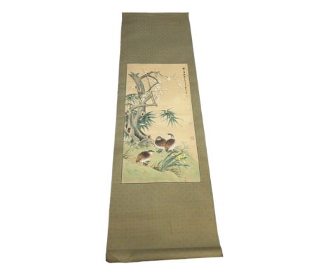 A CHINESE PAINTED HANGING SCROLL: INK AND COLOUR ON SILK DEPICTING THREE QUAILS,Signed with seal and calligraphy,Painting 87c