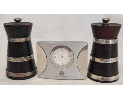SOUVENIR QUEEN MARY II TRAVEL CLOCK &amp; A PAIR OF SILVER BANDED WOODEN SALT &amp; PEPPER GRINDERS
