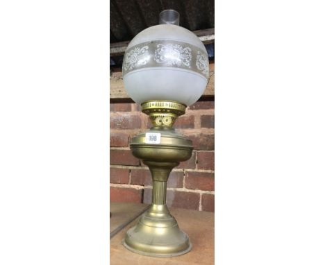 BRASS DUPLEX OIL LAMP WITH ACID ETCHED SHADE &amp; CLEAR GLASS CHIMNEY