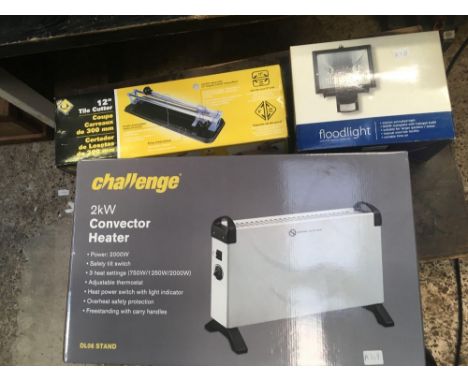 2Kw CONVECTOR HEATER, 12'' TILE CUTTER &amp; A FLOOD LIGHT, ALL NEW IN BOXES